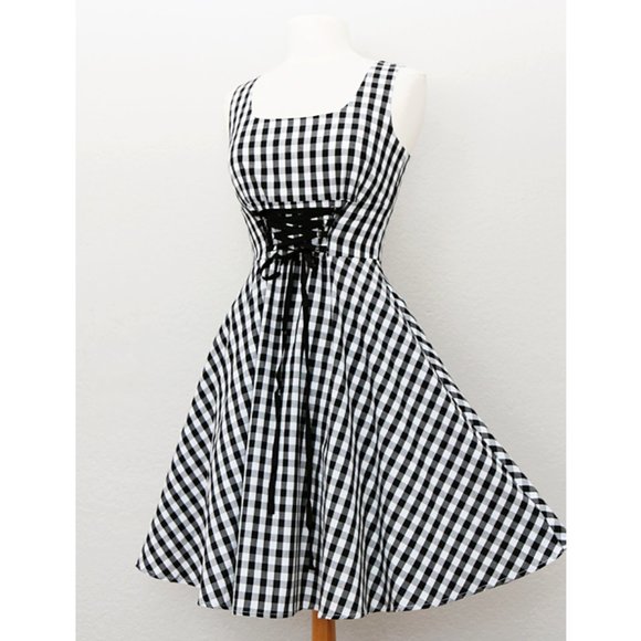 Gingham Checker Laced Up Waist Fit Flared Dress - Picture 5 of 8
